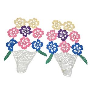 Vintage Handmade Crochet Floral Bouquet Doilies Colorful Flower Vase cottage Set